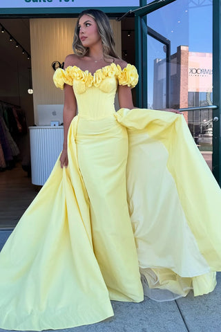Mermaid Off the Shoulder Yellow Satin Long Prom Dresses VK25040103