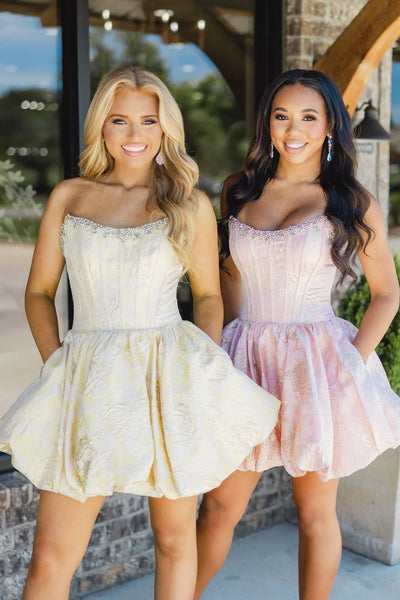 Sweet A Line Strapless Jacquard Satin Homecoming Dress with Pockets VK26062806