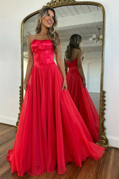 A Line Strapless Light Blue Chiffon Long Prom Dress with Slit VK22804