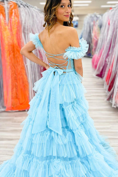 Light Blue Off the Shoulder Ruffle Tiered Long Prom Dress VK23122501