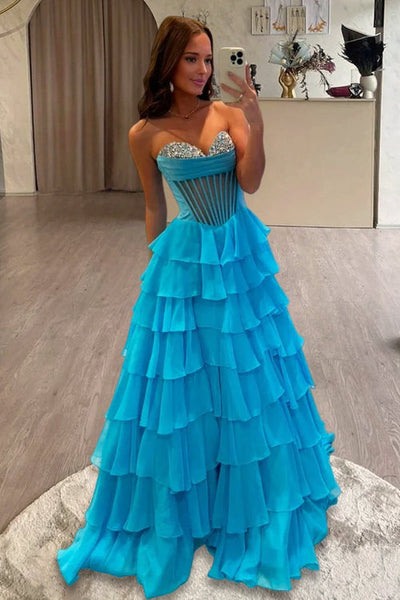 A-Line Sweetheart Mint Ruffle Tiered Chiffon Beads Long Prom Dresses with Slit VK26010508