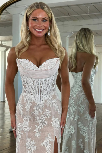 Mermaid Strapless Sweetheart Yellow Corset Appliques Long Prom Dresses with Slit VK26012904