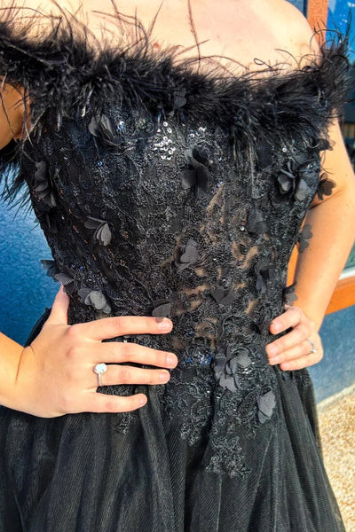 Black Feathered Off-Shoulder Floral A-line Long Prom Dress with Slit VK23112706