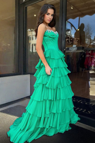 Charming A-Line Strapless Green Chiffon Tiered Long Prom Dresses with Slit VK26010602