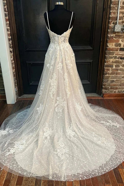 White Floral Lace Sweetheart Straps A-Line Long Bridal Gown VK23062602