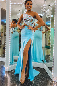 Cute Mermaid One Shoulder Blue Elasitc Satin Slit Prom Dresses with Beaded VK23011404