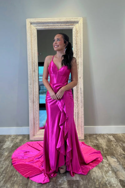 Mermaid V Neck Pink Satin Long Prom Dresses with Ruffle Slit VK25031505