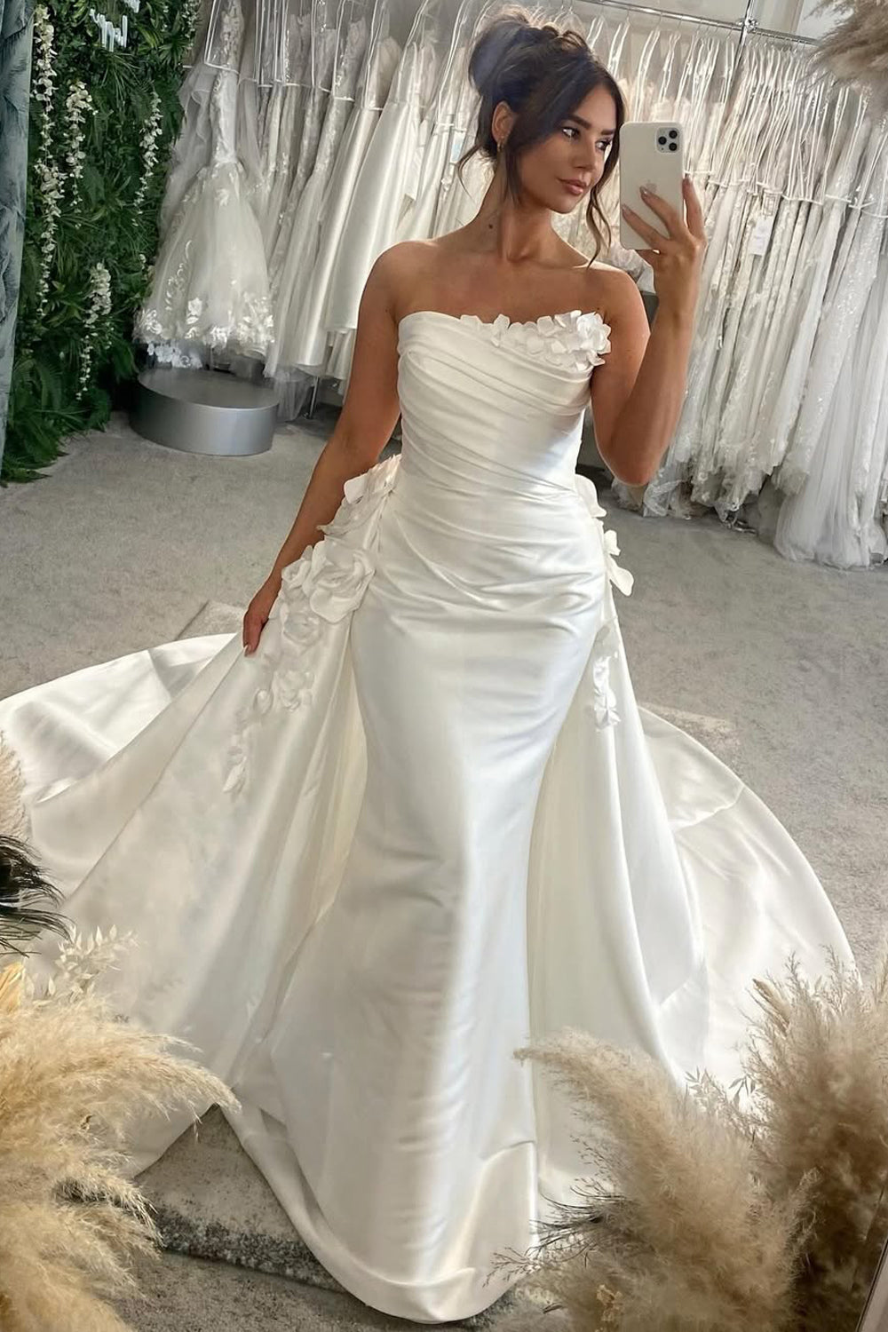 Gorgeous Mermaid Strapless Satin Wedding Dresses with Flowers VK25052403