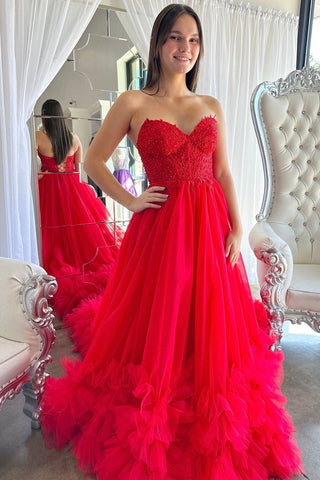 Red Tulle Appliques Sweetheart Ruffle Long Prom Dress VK23122107