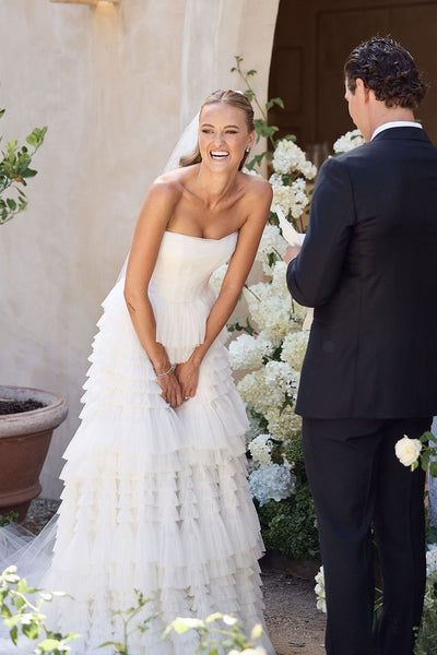 Elegant A-Line Strapless White Tulle Ruffle Tiered Wedding Dress VK26081001