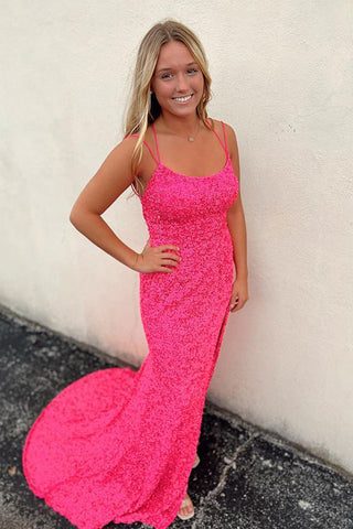 Sparkly Mermaid Hot Pink Sequins Prom Dresses with Slit for 2022 VK22022102