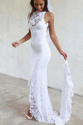 Sexy Mermaid Jewel Lace Backless Wedding Dresses With Court Train,Beach Wedding Dress VK0302003