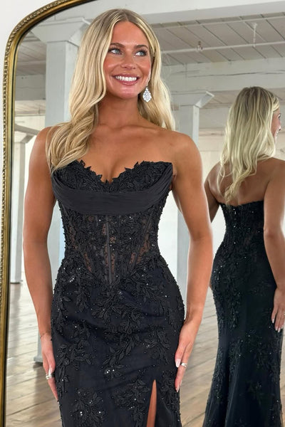 Mermaid Strapless Sweetheart Yellow Corset Appliques Long Prom Dresses with Slit VK26012904