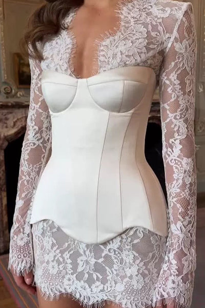 Fashion V Nekc Lace Satin Short Wedding Dress with Sleeves VK26060818