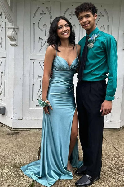 Charming Mermaid Sweetheart Aqua Satin Long Prom Dress with Slit VK25052506
