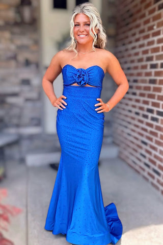 Sparkly Mermaid Sweetheart Royal Blue Satin Prom Dresses with Beading VK25051705