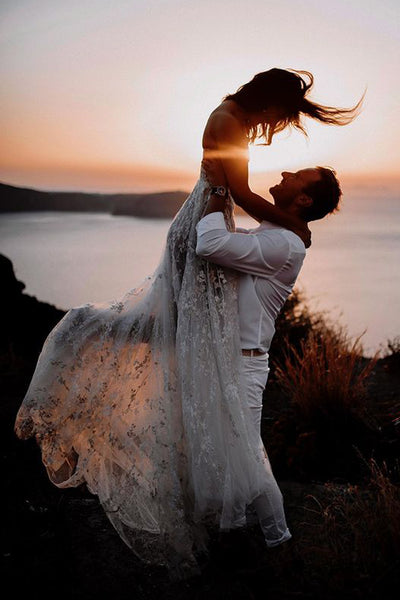 Charming A-Line One Shoulder White Lace Beach Wedding Dresses with Slit VK25111501