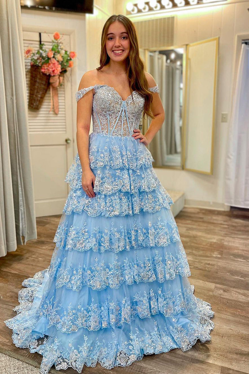 Light Blue Off the Shoulder Ruffle Tiered Long Prom Dresses VK24012505