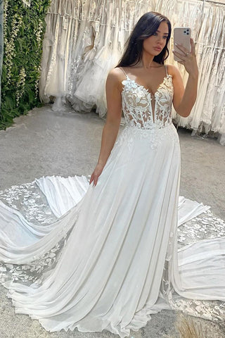 A-Line V Neck Chiffon Boho Wedding Dresses VK24030905