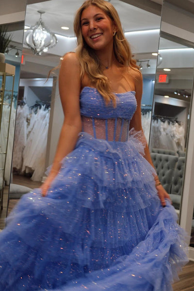 Sparkly A-Line Strapless Tiered Tulle Long Prom Dresses VK24012902
