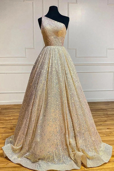 Sparkly Pink One Shoulder A Line Sequins Prom Dress VK23110603