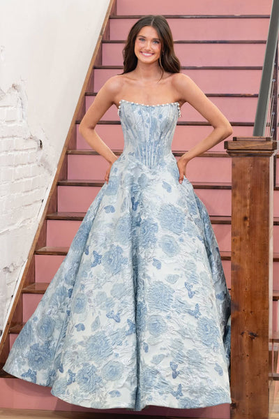 Gorgeous A Line Scoop Neck Jacquard Satin Long Prom Dress with Beading VK16020308