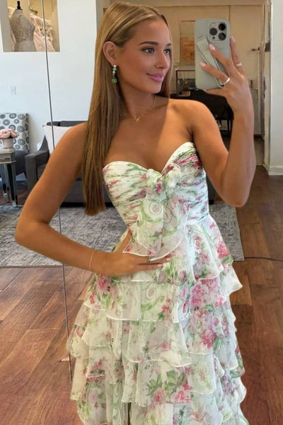 A-Line Strapless Floral Printed Empire-Waist Tiered Long Prom Dresses with Slit VK26011107