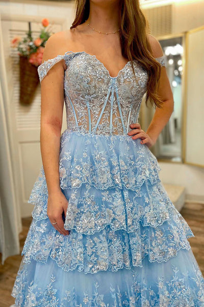 Light Blue Off the Shoulder Ruffle Tiered Long Prom Dresses VK24012505