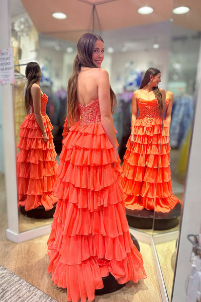 Cute A Line Strapless Orange Chiffon Tiered Long Prom Dress with Slit VK26031106