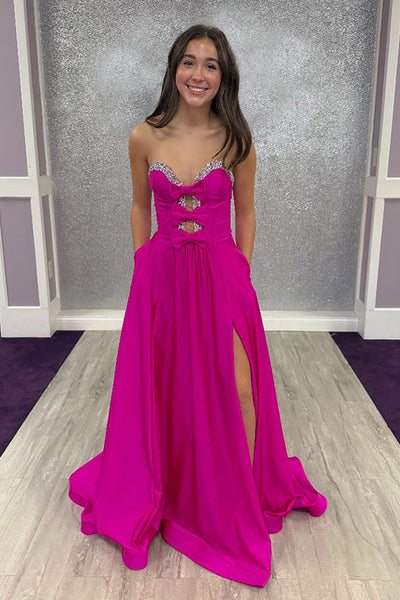A-Line Sweetheart Keyholes Red Satin Long Prom Dresses with Pockets VK26010503