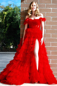 Off the Shoulder Ruffle Red Layered Tulle Prom Dress with Slit VK23113001