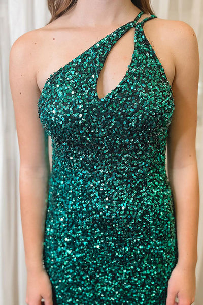 Green One Shoulder Sequins Mermaid Long Prom Dresses with Slit VK24033104