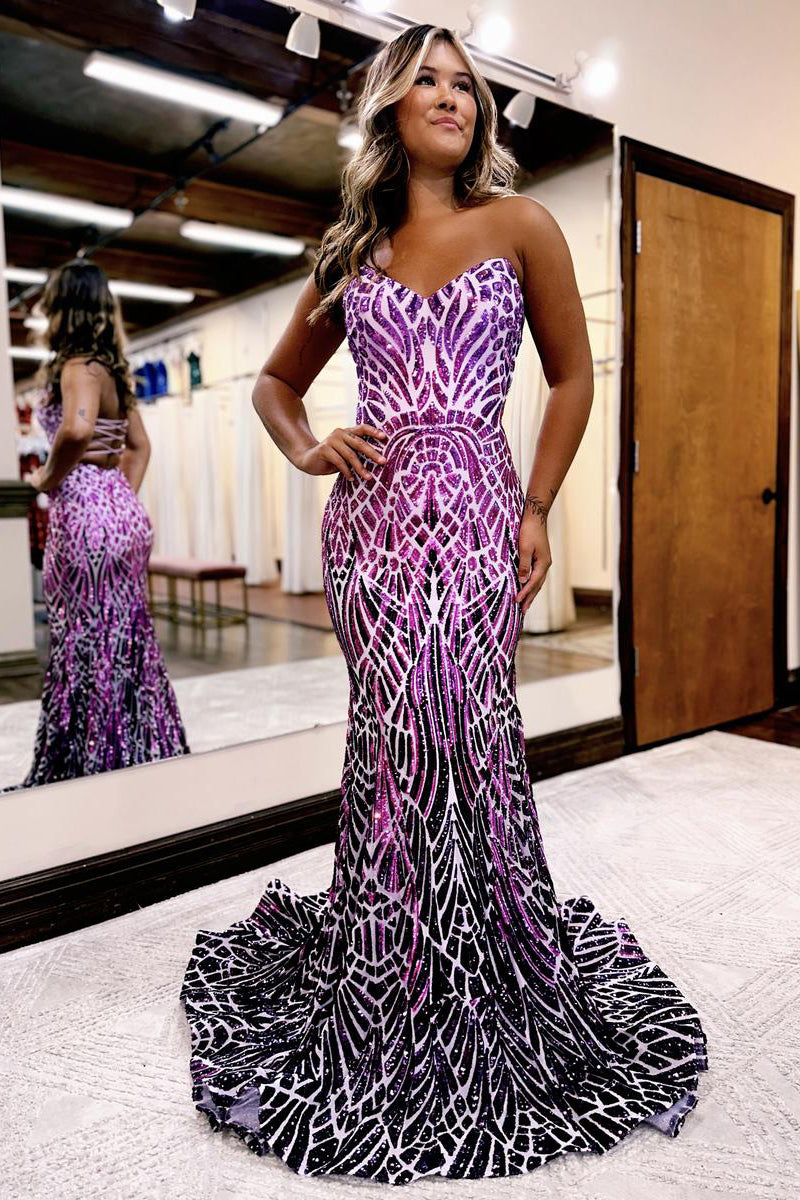 Purple Strapless Sequins Mermaid Long Prom Dresses VK24050703