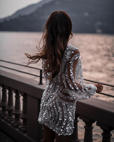 Luxurious Long Sleeves Handmade Beading Short Wedding Dress VK26070502