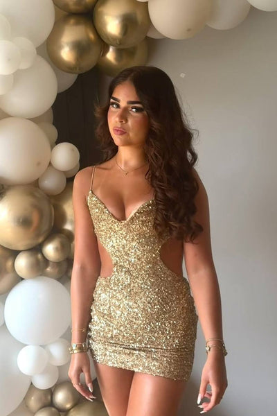 Gold Spaghetti Straps V-Neck Cut-out Waist Sequined Mini Homecoming Dress VK26070115