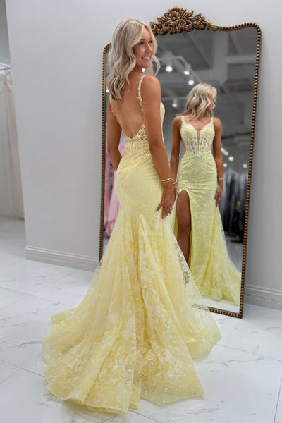 Mermaid V Neck Yellow Tulle Appliques Long Prom Dresses with Slit VK26012604