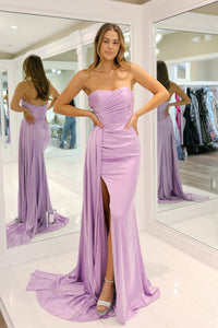 Elegant Mermaid Strapless Light Purple Satin Long Prom Dress with Slit VK25010901