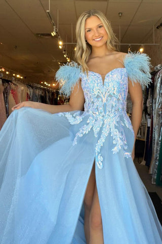 Cute Light Blue Off the Shoulder Sequin Lace Prom Dresses with Feather VK23120203