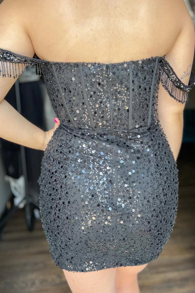 Sparkly Dark Red Beaded Corset Sequins Fringed Tight Homecoming Dress VK23082101