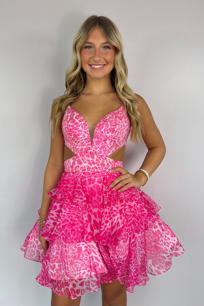 A-Line V Neck Pink Leopard Print Chiffon Short Homecoming Dresses with Beads VK26082203