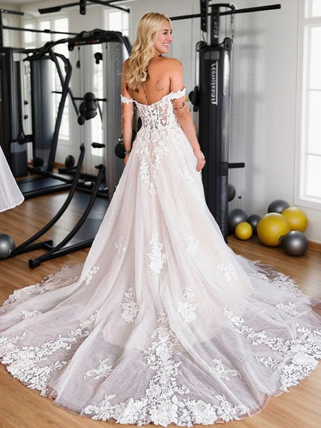 Fairy A Line Off the Shoulder Tulle Long Wedding Dresses with Appliques