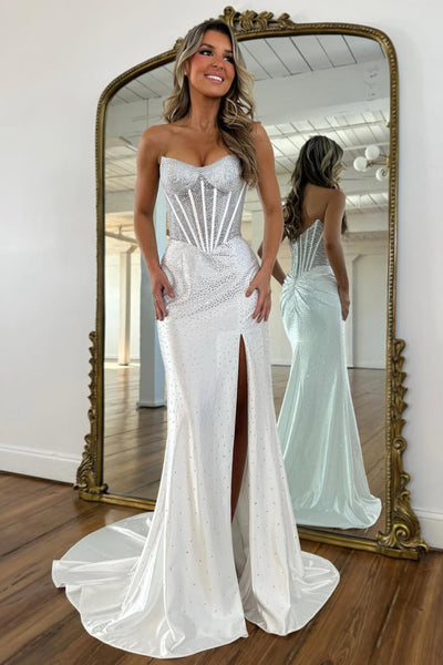 Gorgeous Mermaid Strapless Royal Blue Corset Beaded Prom Dresses with Slit VK26020508