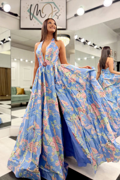 Romantic A-Line Halter Blue Floral Print Prom Dresses with Slit VK26020309