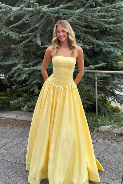 A Line Strapless Yellow Satin Long Prom Dress VK26080803