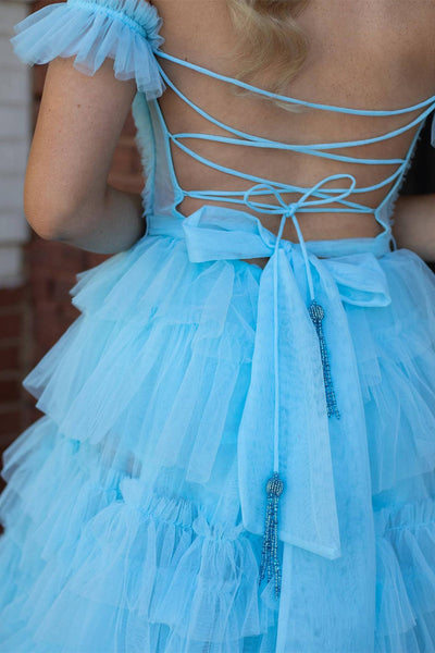 Off the Shoulder Ruffle Red Layered Tulle Prom Dress with Slit VK23113001