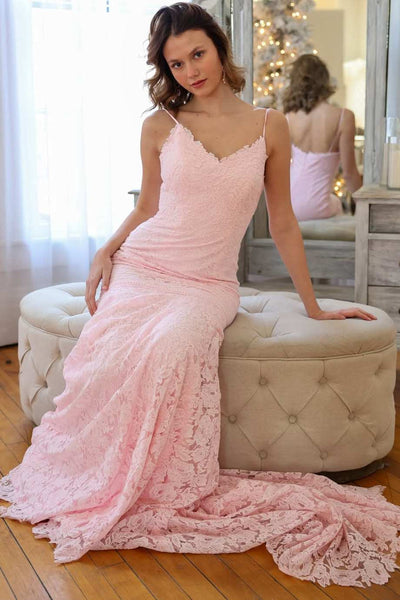 Elegant Mermaid Spaghetti Straps V Neck Pink Lace Prom Dresses VK26020502