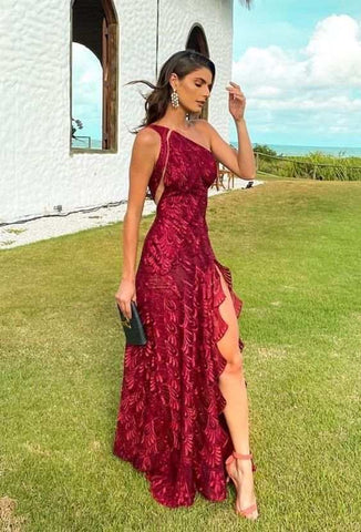 Elegant One Shoulder Red Lace Prom Evening Dresses with Slit VK25051901