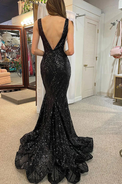Mermaid Deep V Neck Black Sequins Long Prom Dress with Open Back VK23093005