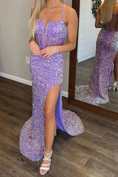 Sparkly Lilac Mermaid Long Corset Sequined Prom Dress With Slit VK23112203
