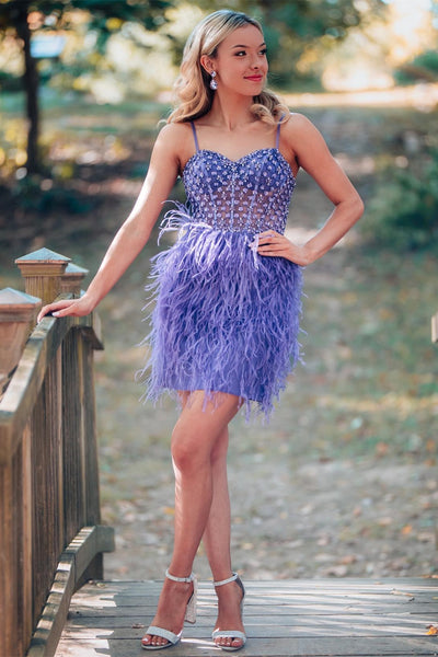 Sweetheart Spaghetti Straps Beaded Purple Feather Short Homecoming Dress VK23082201